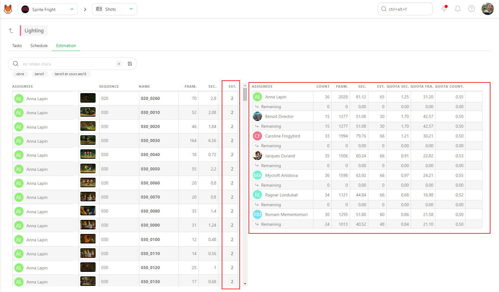 Estimation tab